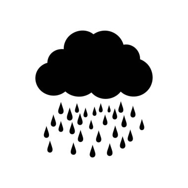Basit bir vektör simgesi, beyaz bir arkaplanda birden fazla gözyaşı damlası şeklinde yağmur damlaları olan biçimlendirilmiş siyah bulut şeklini gösterir. İllüstrasyon hava ve yağışı temsil ediyor.