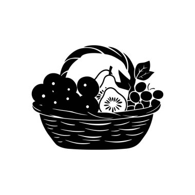 Üzüm, erik ve armut da dahil olmak üzere çeşitli taze meyvelerle dolu bir sepetin siyah vektör çizimi. Resim beyaz arkaplanda izole edilmiştir.