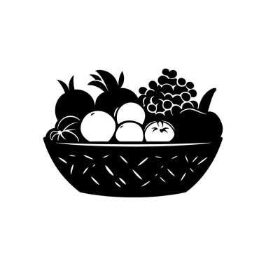 Çeşitli meyvelerle dolu bir sepetin siyah siluet vektör grafiği. Elma, üzüm, nar ve domates içerir. Sağlıklı yeme ve beslenme kavramları için uygundur..