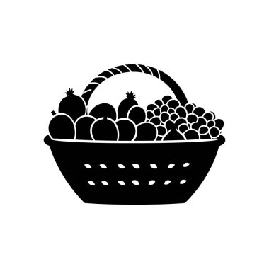 Bu, beyaz arkaplanda nar, portakal ve üzüm gibi çeşitli meyvelerle dolu bir hasır sepetin siyah siluet vektör simgesi..