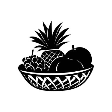 Beyaz arka planda üzüm, ananas ve elma içeren bir meyve sepetinin siyah vektör çizimi gösterilir. Vektör grafiği.