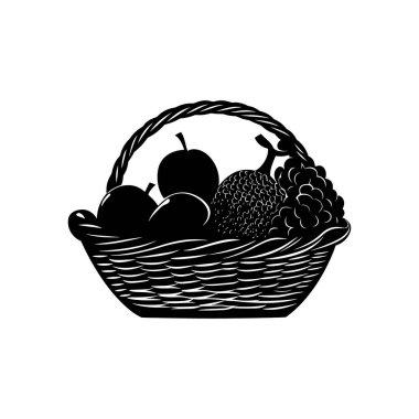 Taze elma, üzüm ve meyve dolu hasır sepetin siyah siluet vektör çizimi. Organik gıda ve çiftçi pazarı tasarımı için uygun bir simge.