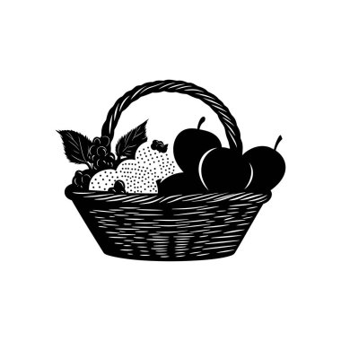 Elma, böğürtlen ve yapraklarla dolu bir sepetin siyah ve beyaz vektör simgesi. Beyaz arkaplandaki çeşitli uygulamalar için uygun tasarım.