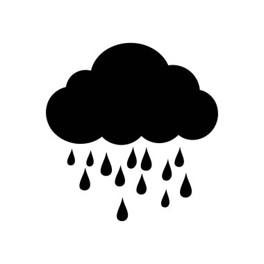 İzole vektör çizimi. Üzerinde su damlaları olan, beyaz bir arka planda tasvir edilmiş, basit, cesur, siyah bir bulut. Hava, yağmur, fırtına ya da hava durumunu simgeler.