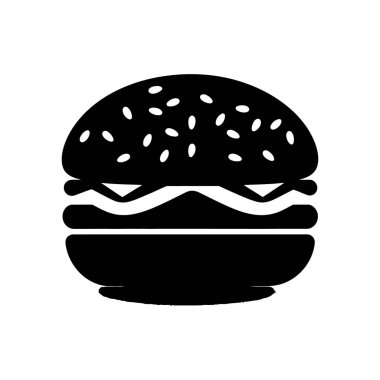 İzole edilmiş siyah-beyaz vektör sanatı, beyaz bir arka plana yerleştirilmiş susamlı çörek, köfte ve katmanlı bir hamburger sergiliyor..