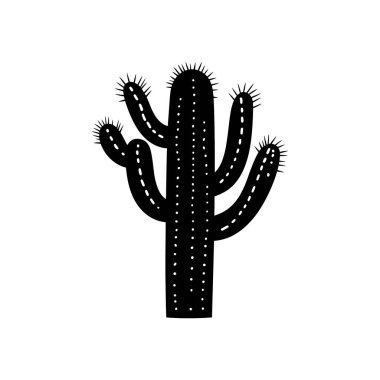 Beyaz zemin üzerinde noktalar, çizgiler ve dikenler olan siyah siluet saguaro kaktüsünün vektör çizimi çöl bitkilerini ve güneybatı motiflerini sembolize ediyor..