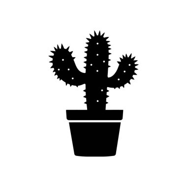Siyah ve beyaz vektör görüntüsü tencerede bir kaktüs gösteriyor. Kaktüsün dikenli üç sapı vardır ve beyaz bir zemin üzerine kurulmuştur. Minimalist tasarım.