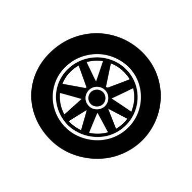 Beyaz arka planda siyah beyaz bir araç tekerleği ikonunun izole edilmiş vektör çizimi. Görüntü, lastik kenarı içinde sekiz kişinin konuştuğu bir tasarım içeriyor..