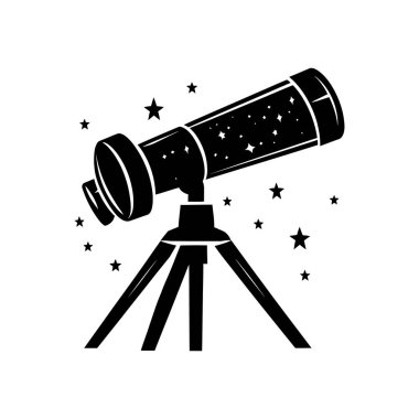 Etrafı yıldızlarla çevrili bir tripodun üzerindeki astronomi teleskopu. Temiz beyaz bir arkaplana karşı koyu siyah bir siluet olarak tasvir edilmiş. Uzay keşfi konsepti çizimi.