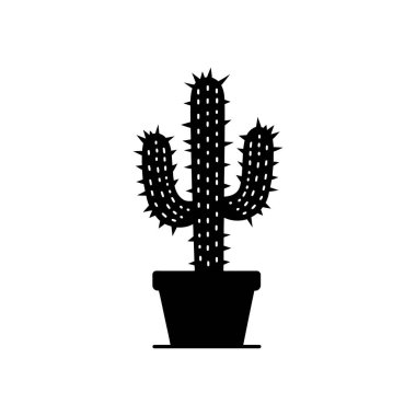 İzole edilmiş vektör sanatı basit siyah bir kaktüs siluetini gösteriyor. Dikenli detaylarla dolu, sade bir tencerede duruyor, hepsi de temiz beyaz arka plana karşı. Minimalist tasarım.