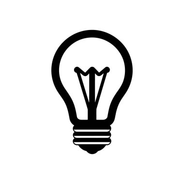 Beyazın üzerindeki minimalist siyah ampul ikonu fikirleri, yenilikleri ve enerji verimliliğini sembolize eder. Vektör tasarımı yaratıcılık, iş ve eğitim projelerine uygundur..