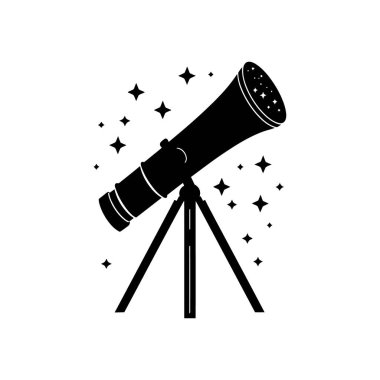 Siyah ve beyaz siluet vektör ikonu, beyaz bir zemin üzerinde parlayan yıldızlarla çevrili bir teleskop gösteriyor. Astronomi ve bilim teması.