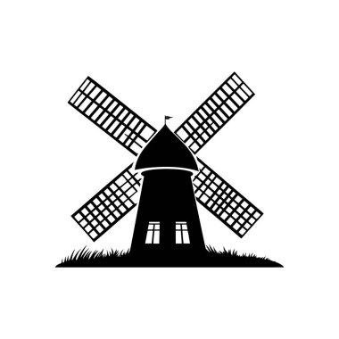 İzole edilmiş minimalist siyah vektör, beyaz bir arka planda çimlerle kaplı bir tepenin üzerinde geleneksel bir Hollanda yel değirmeni çiziyor ve temiz, klasik bir estetik çizim yaratıyor..