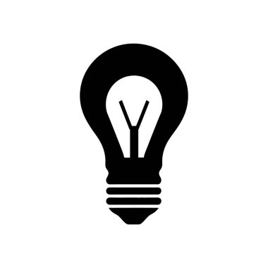 Katı bir siyah ampul ikonunun minimalist vektör çizimi, yeniliği ve fikirleri sembolize ediyor, temiz beyaz arka plan, çeşitli yaratıcı projeler için mükemmel.