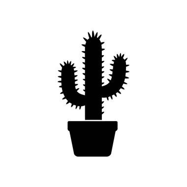 Beyaz arka planda izole edilmiş, dikenlerle kaplı üç ana saplı bir kaktüs bitkisinin siyah vektör silüeti. Grafikler ve tasarım için simge.