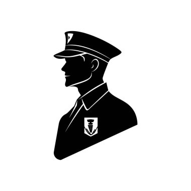 İzole bir siluet grafiği, sol göğsünde beyaz bir arkaplan oluşturan, üniformalı ve şapkalı bir sahil güvenlik memurunu gösteriyor..
