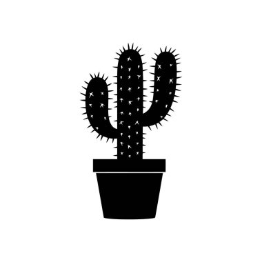 Basit bir siyah siluet tencerede bir kaktüs barındırır. Kaktüsün dikenlerle süslenmiş üç kolu var. Minimalist tasarım ve çöl temaları için harika bir grafik.