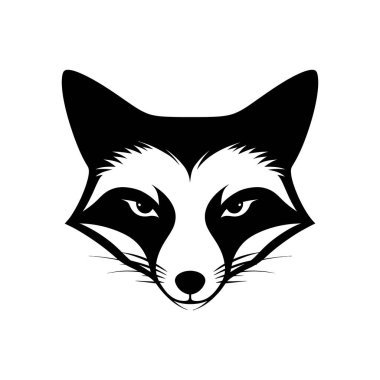 Ayrıntılı detaylı vektör grafiği, siyah-beyaz, tilki kafasının stilize edilmiş tasviri, sivri kulaklar, dışavurumcu gözler ve beyaz arka planda parlak bir burun içerir..