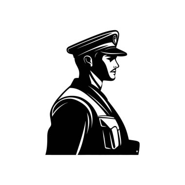 Siluet illüstrasyonunda profilde beyaz arka planda, beyaz bir arka planda görünen ve temiz ve basit bir vektör simgesi sunan bir ordu subayı görülüyor..