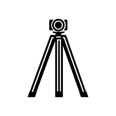 Tripod ikonundaki izole siyah kamera fotoğraf ya da video konseptini gösteriyor. Vektör grafiği, minimalist tasarım için mükemmel olan beyaz bir arkaplana göre ayarlanır.
