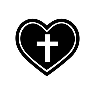 Basit bir vektör ikonu içinde beyaz bir Hıristiyan haçı olan siyah bir kalbi gösterir. Resim beyaz zemin üzerinde net çizgiler ve temiz bir tasarım içerir.