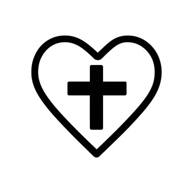 İçinde Hıristiyan haçı bulunan kalp şeklindeki izole edilmiş siyah vektör ikonu, dini ya da inanç temelli tasarımlar için mükemmel. Beyaz arkaplan.