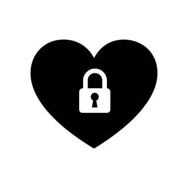 Minimalist vektör illüstrasyonunda siyah kalp şekli beyaz asma kilit ile örtülmüş, güvenlik ve aşkı vurgulayan, beyaz arka planda, sembol kullanımı için ideal.