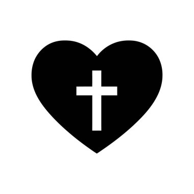 Merkezi beyaz Hıristiyan haçı olan koyu siyah bir kalp silueti içeren vektör simgesi, sevgi ve inanç için bir sembol yaratıyor. Beyaz arkaplan.
