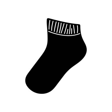 Minimalist siyah çorap tasviri. Üstü yırtık desenli, beyaz bir zemine karşı. Çeşitli tasarım projelerini geliştirmek için bu vektör grafiğini kullanın.