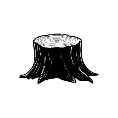 Yıllık halkaların yer aldığı siyah ağaç kütüğü siluetinin ayrıntılı çizimi. Ormancılık, kereste endüstrisi ve doğal kaynaklar için tek grafik öğe. Beyaz arkaplan.