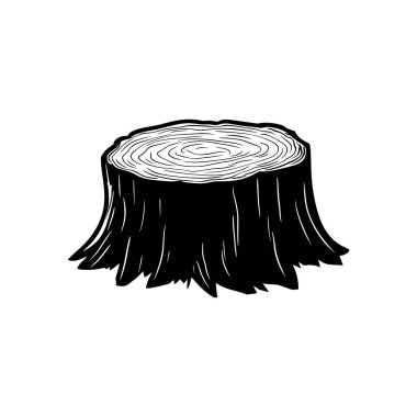 Beyaz zemin üzerinde siyah bir ağaç kütüğünün basit vektör çizimi, ahşap yüzey, kırsal estetik için bazı pürüzlü kenarları olan ağaç halkalarını gösterir.