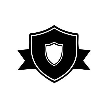 Kurdeleyle süslenmiş siyah bir kalkan ambleminin vektör silueti. Tehditlere karşı korunmanın, güvenliğin ve savunmanın sembolü. Simgeler, uygulamalar veya web siteleri için ideal.