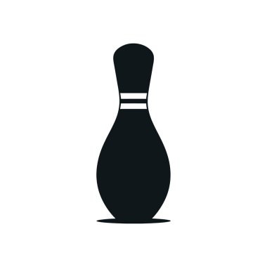 Bu minimalist vektör ikonu, üzerinde iki beyaz şerit bulunan, temiz beyaz arkaplan üzerine kurulmuş koyu siyah bir bovling pimini tasvir eder. Oyun ögeleri için basit tasarım.