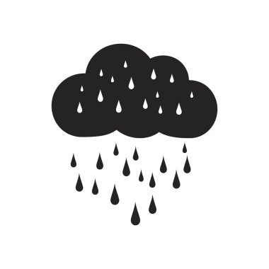 Silüet vektör grafiği, yağmurun basit, minimalist bir temsilini ileten, beyaz bir zemin üzerine yağmur damlaları döken siyah bir bulut şeklindedir..