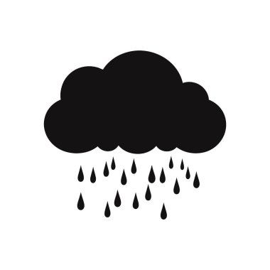 Yağmur damlaları resimli kara bulut. Basit, siyah ve beyaz vektör grafiği hava tahminleri, web sitesi tasarımı veya minimalist hava sembolü olarak en iyisidir..