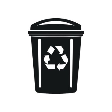 Bu vektör simgesi geri dönüşüm sembollü siyah bir geri dönüşüm kutusuna sahiptir. Atık yönetimi, sürdürülebilirlik ve çevresel sorumluluk kavramlarını göstermek için mükemmel. Beyaz arkaplan.