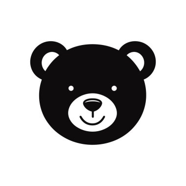 Beyaz arka planda siyah vektör silueti küçük yuvarlak gözlü ve yuvarlak kulaklı bir oyuncak ayının gülümseyen yüzünü tasvir eder..