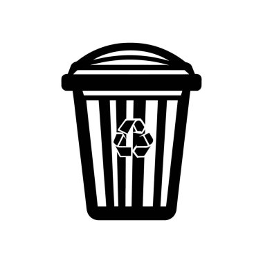 Belirgin bir geri dönüşüm sembolü içeren siyah beyaz çizgili çöp kutusu simgesi tasviri, vektör biçiminde temiz beyaz bir arkaplan üzerine kurulmuş.