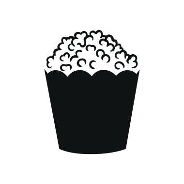 İzole edilmiş siyah patlamış mısır kovası ikonu basit ve temiz bir tasarıma sahiptir. Bu vektör illüstrasyonu beyaz arkaplandadır ve minimalist tarzda favori bir çerez simgesini gösterir.