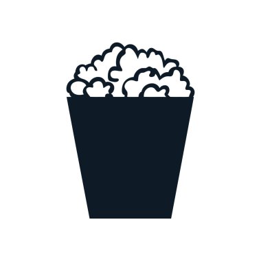 Beyaz arka plandaki siyah vektör simgesi, içi dolup taşan patlamış mısırla dolu basit bir kova sunar. Atıştırmalıkları, filmleri veya yiyeceklerle ilgili konuları minimalist tasarımlarla resmetmek için mükemmeldir..