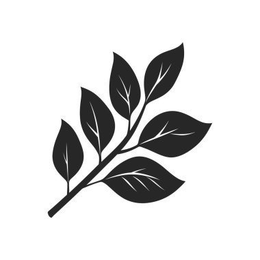 İzole edilmiş vektör simgesi, doğanın temalı tasarımları için ideal, temiz beyaz arkaplan üzerine kurulmuş, birkaç yapraklı bir dalın siyah siluetini gösteriyor..