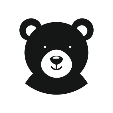 Bir ayının kafasının siyah silueti ön planda görünüyor. Logolar, simgeler ya da dekorasyonlar için minimalist tasarım. Beyaz bir arkaplanda izole edilmiş.