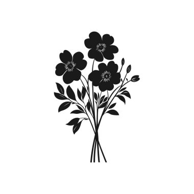 Ayrıntılı monokrom vektör simgesi, beyaz arkaplanda ip ile bağlanmış üç çiçek, tomurcuk ve yaprakları gösterir.