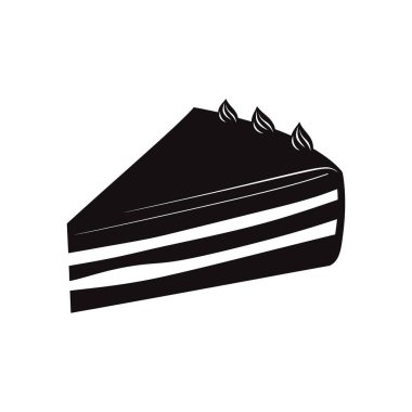 Dekoratif unsurları olan siyah beyaz bir pasta dilimi tasvir ediliyor. Beyaz arkaplan karşısında izole edilmiş bu simge, temiz ve minimalist bir biçim sunar.