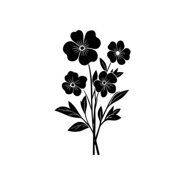 İzole edilmiş vektör illüstrasyonunda, beyaz bir arka planda bir kır çiçeği demeti, yapraklar ve birden fazla çiçek olan siyah bir siluet çizimi gösteriliyor..