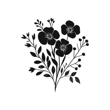 Beyaz arka planda siyah çiçek deseni. Tasarımda ayrıntılı merkezleri, yaprakları ve çeşitli dalları olan çiçekler yer alıyor. Kartlar ve dekorasyonlar için ideal.