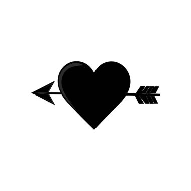 Siyah kalp sembolü beyaz arka planda izole edilmiş bir ok tarafından saplanmış. Aşkı, kalp kırıklığını ya da sevgililer günü temasını temsil eder. Çeşitli tasarım amaçları için uygun temiz vektör simgesi.