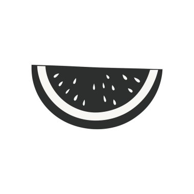 Grafik monokrom vektör ikonu bir dilim karpuz gösterir. Koyu kabuğu ince beyaz bir çizgiyle çelişiyor.