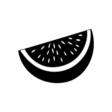 Minimalist vektör sanatı, siyah bir siluet ile bembeyaz bir arkaplanda tasvir edilmiş bir karpuz dilimi içerir, tohum detaylarıyla basit ama anlamlı grafik tasarımı sergiler..