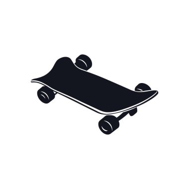 Düz bir siyah vektör kaykay simgesi, beyaz arka planda sokak sporu ekipmanları sergiliyor. Tasarım projeleri veya açık hava eğlencesi hakkında çizimler için kullanışlı.